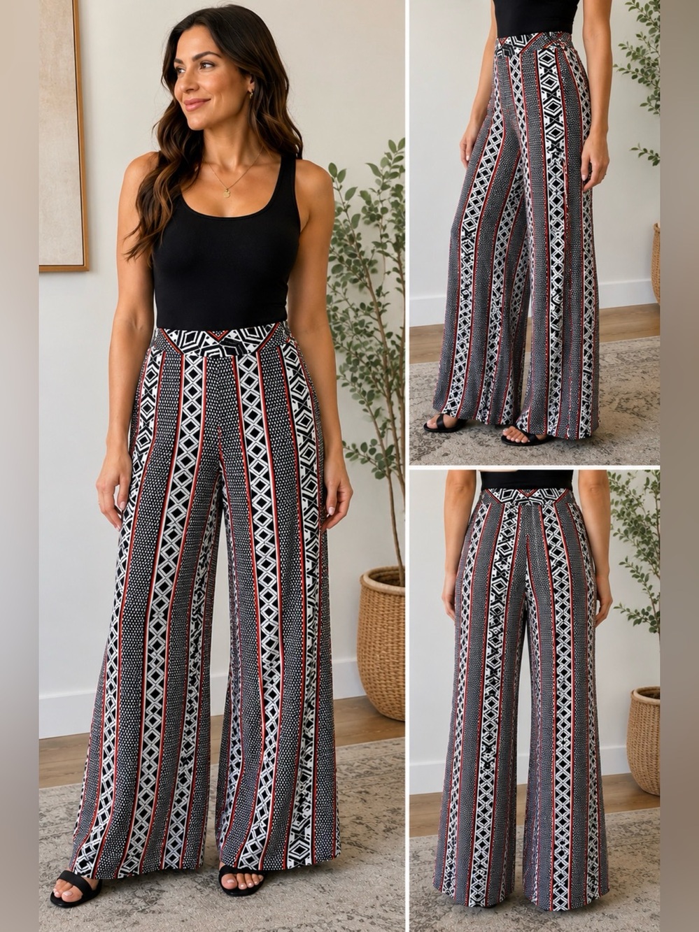 Bar III Black, White & orange Geo-Print Wide Leg Pants
